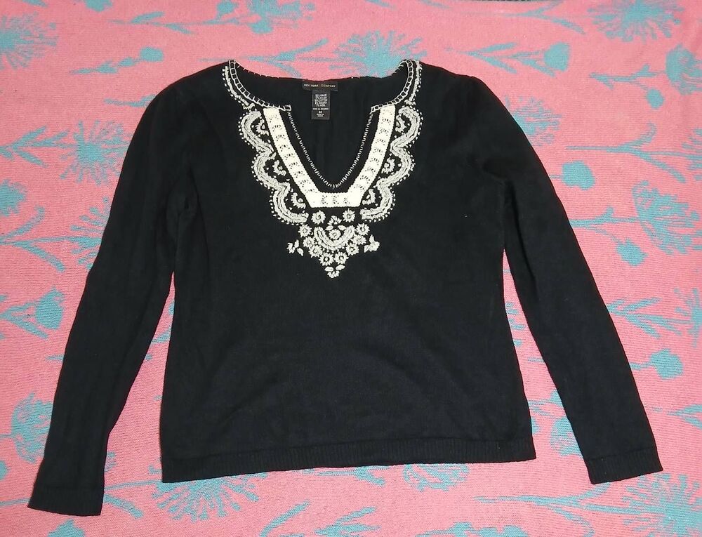 Ny co women medium embroidery ramie wool blend sweater black white soft texture